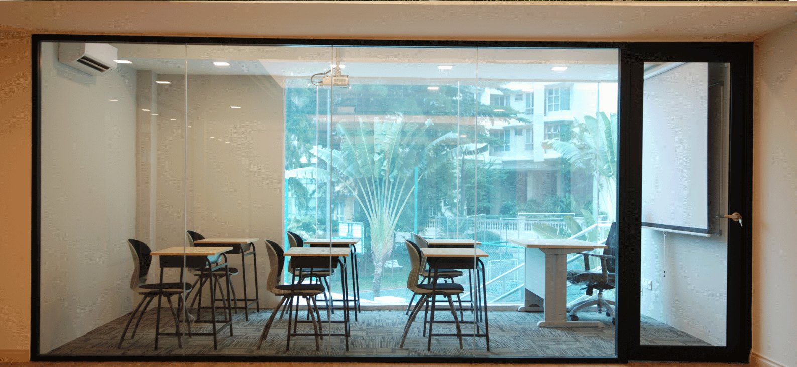 A classroom with glass walls