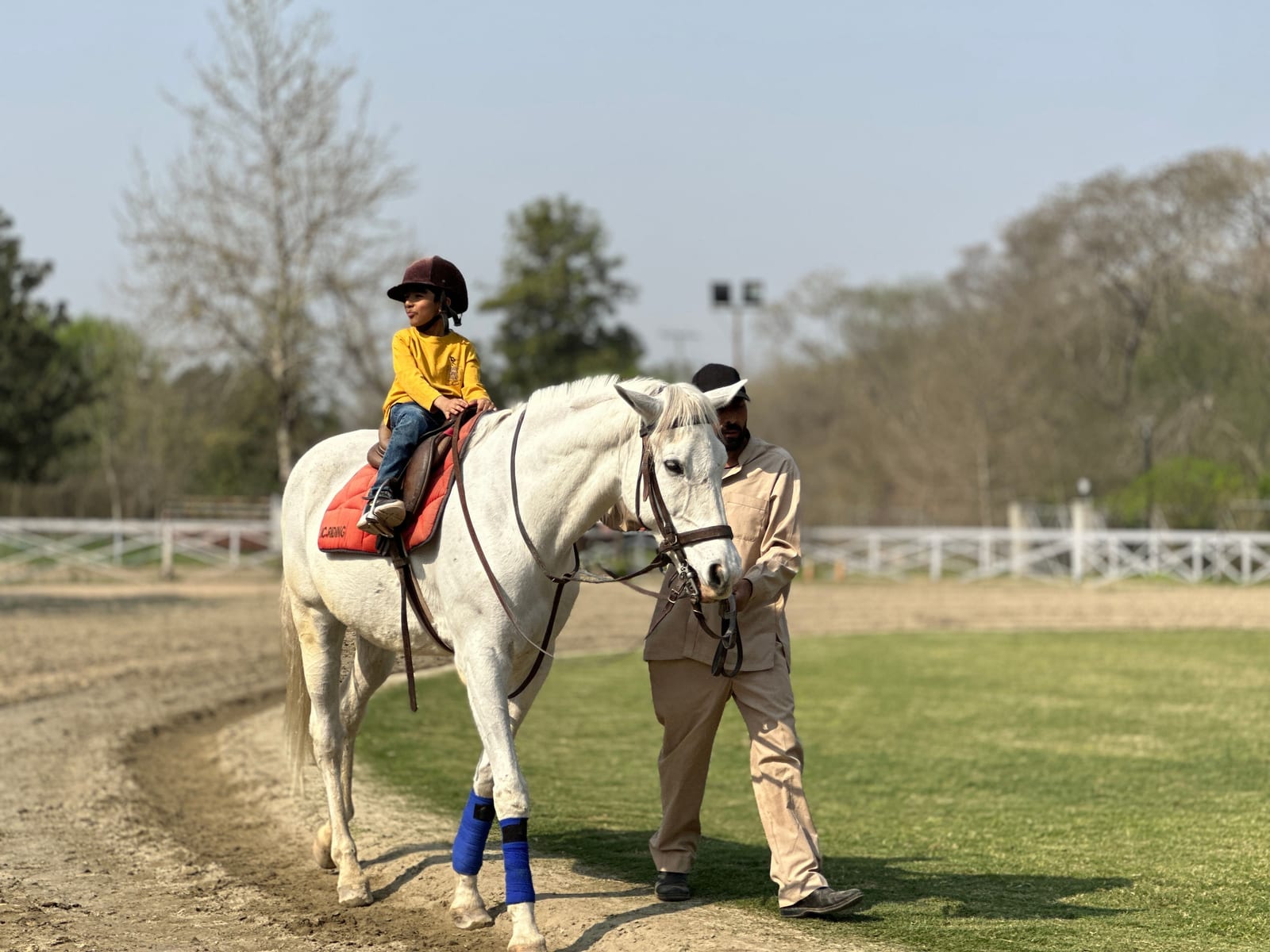 A child riding a horse led by an adult